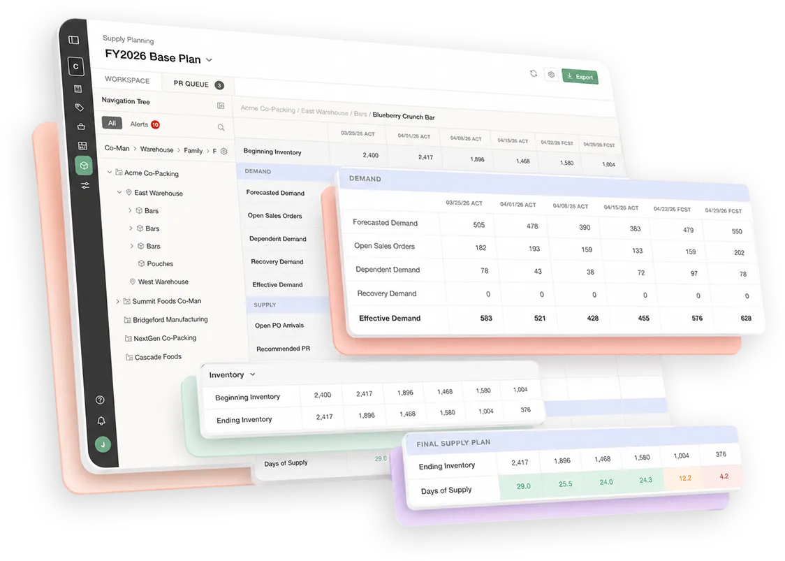 Supply planning dashboard showing inventory, demand, and supply data for FY2026 Base Plan with detailed tables.