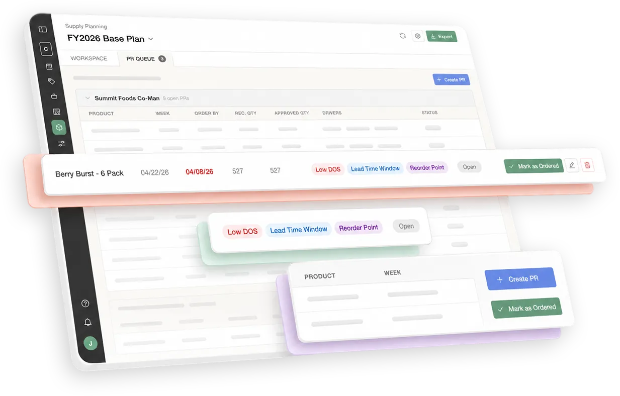 Supply planning app screen showing a PR queue with product details, reorder points, and action buttons.