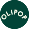 Olipop brand name in curved white letters on a dark green circular background.