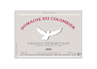 Étiquette de vin Domaine du Colombier Crozes-Hermitage 2010 avec colombe blanche.