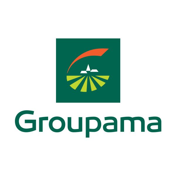 Logo Groupama avec une forme stylisée verte, orange et blanche et texte en vert.