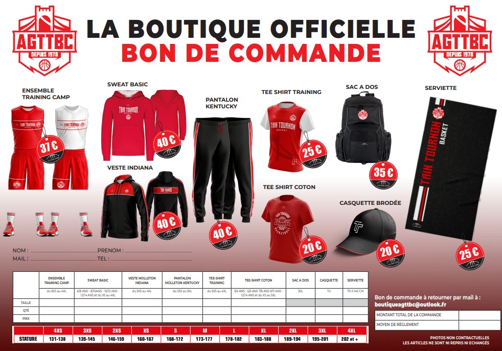 Bon de commande de la boutique AGTTBC avec vêtements, sac, serviette, prix et contact par mail.