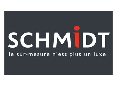Logo SCHMIDT avec le slogan "le sur-mesure n’est plus un luxe" en blanc sur fond gris foncé.