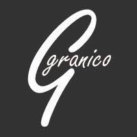 Logo blanc élégant avec la lettre G stylisée et le mot granico sur fond sombre.