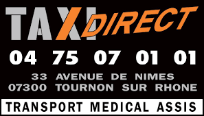 Logo Taxi Direct with contact numbers and address 33 Avenue de Nimes, Tournon sur Rhone.