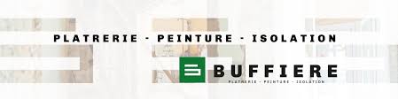Logo de Buffiere avec texte Plâtrerie - Peinture - Isolation sur fond clair avec motifs géométriques.