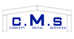 Logo CMS avec une structure de bâtiment et les mots Concept Metal Services en bleu.