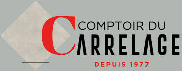Logo Comptoir du Carrelage avec un carré gris et texte rouge et noir sur fond gris clair.