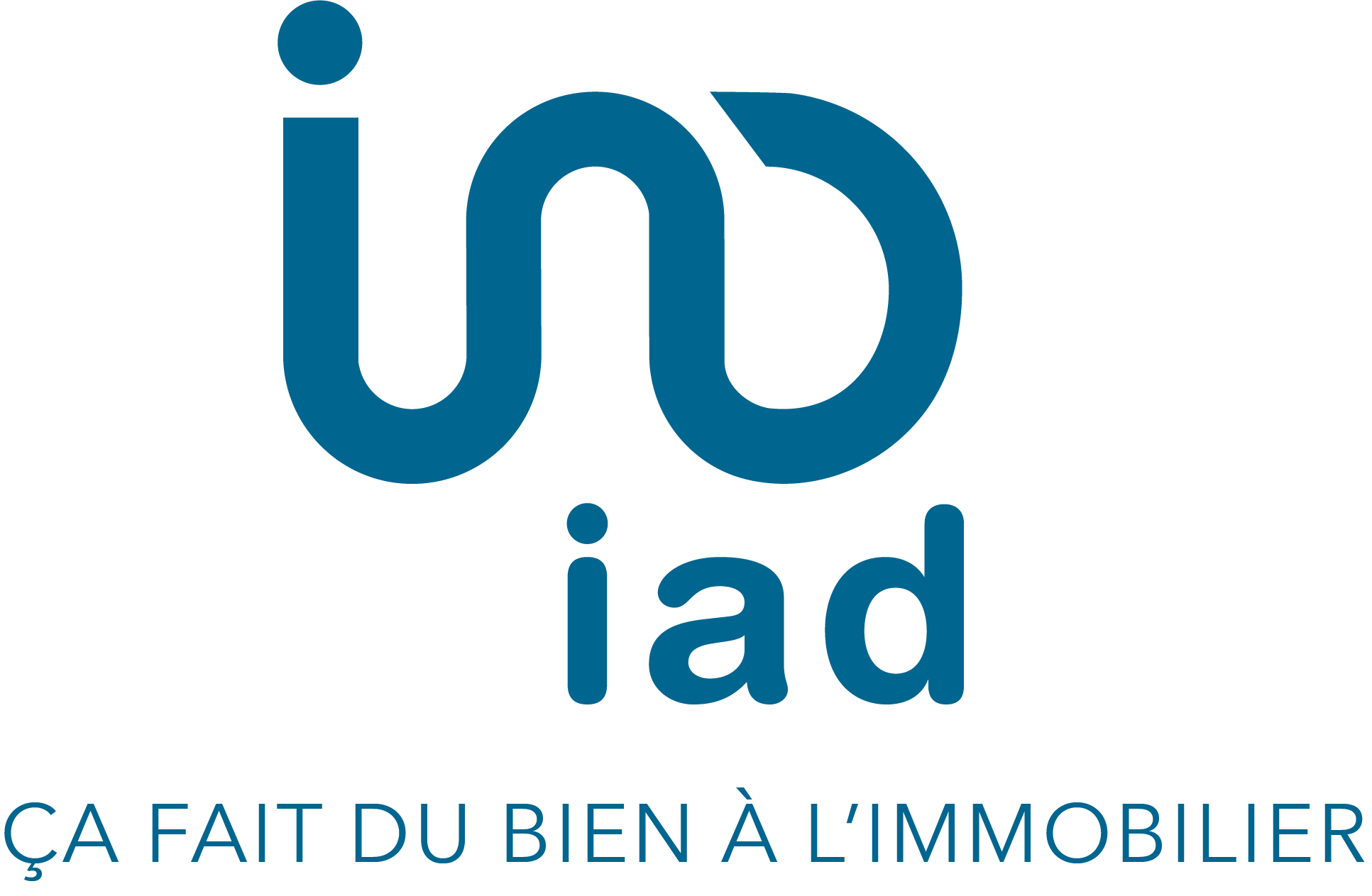 Logo iad avec le slogan Ça fait du bien à l'immobilier en bleu sur fond blanc.