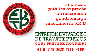 Logo de l'entreprise Vivaroise avec liste des services: chantiers, terrassement, goudronnage, maçonnerie VRD.