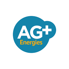 Logo AG+ Energies en lettres blanches et jaunes sur fond circulaire bleu.