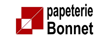 Logo de Papeterie Bonnet avec deux carrés rouges imbriqués et texte à droite.