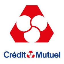 Logo Crédit Mutuel avec un triangle rouge et trois formes blanches circulaires au centre