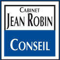Logo bleu et blanc avec le texte Cabinet Jean Robin Conseil en style classique.