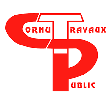 Logo rouge avec les mots Cornu Travaux Public en forme artistique.