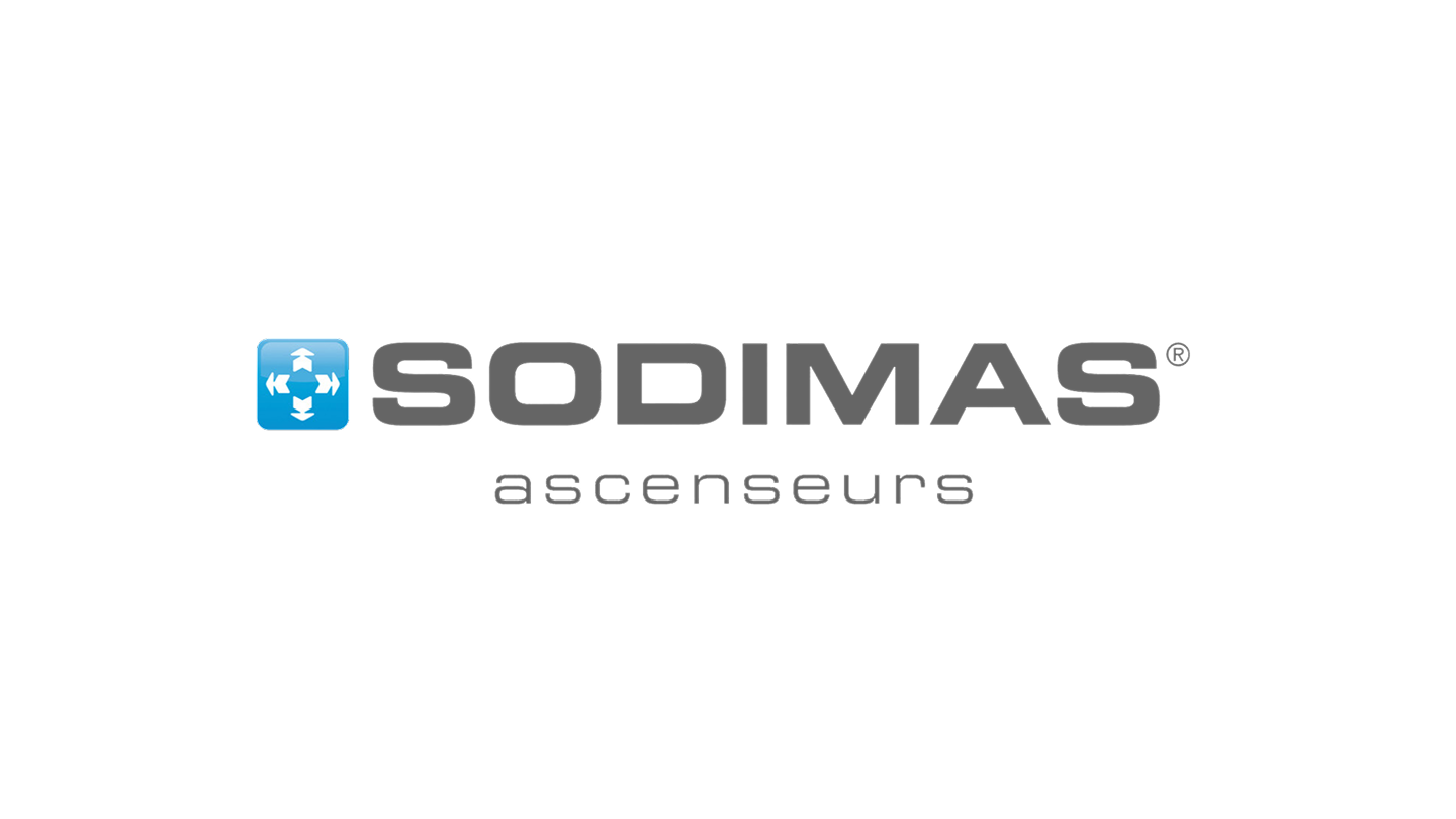Logo Sodimas avec icône bleue et texte ascenseurs.