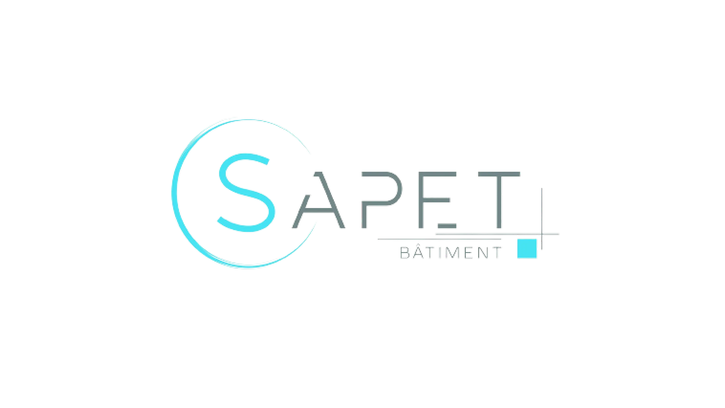 Logo SAPET Bâtiment avec un S dans un cercle bleu clair et un carré bleu clair en bas à droite.