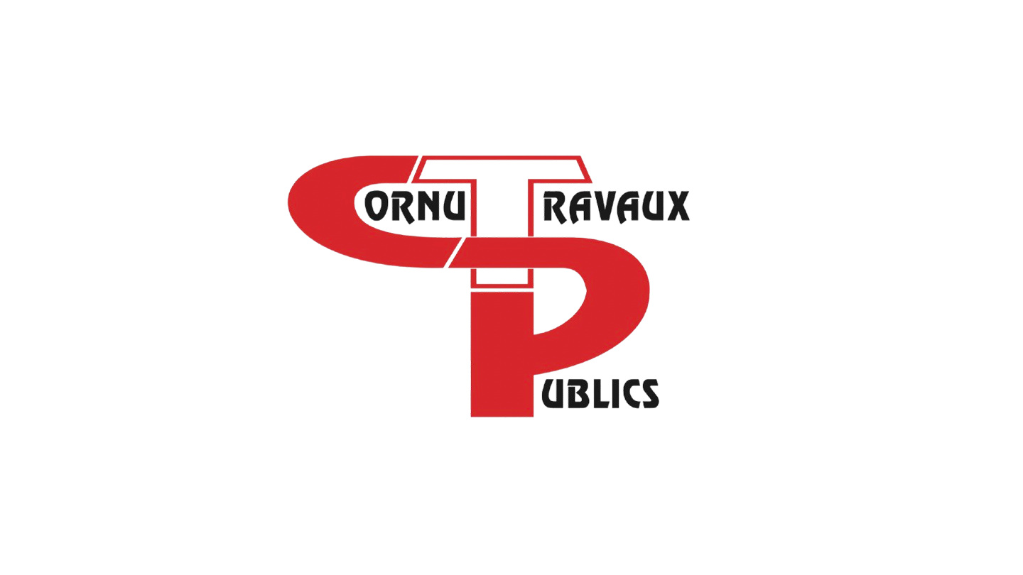 Logo Cornu Travaux Publics avec les lettres C, T, et P rouge et le texte en noir.