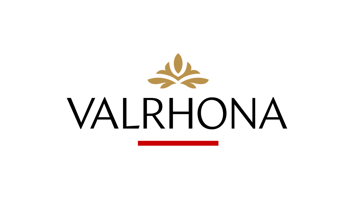 Logo Valrhona avec texte noir et symbole doré au-dessus d’une ligne rouge.