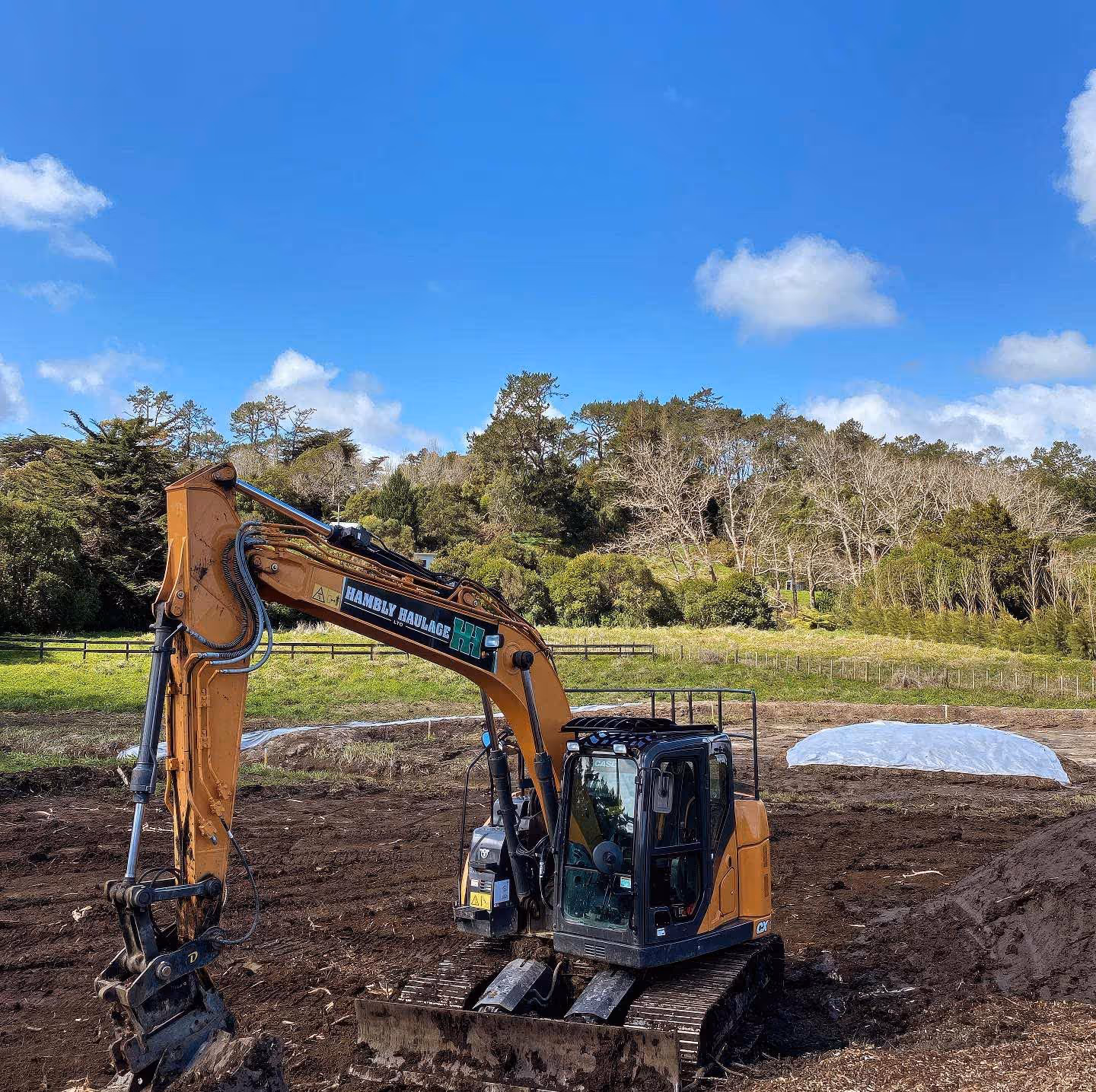 Yellow excavator operating in muddy terrain, surrounded by trees under a clear blue sky.
