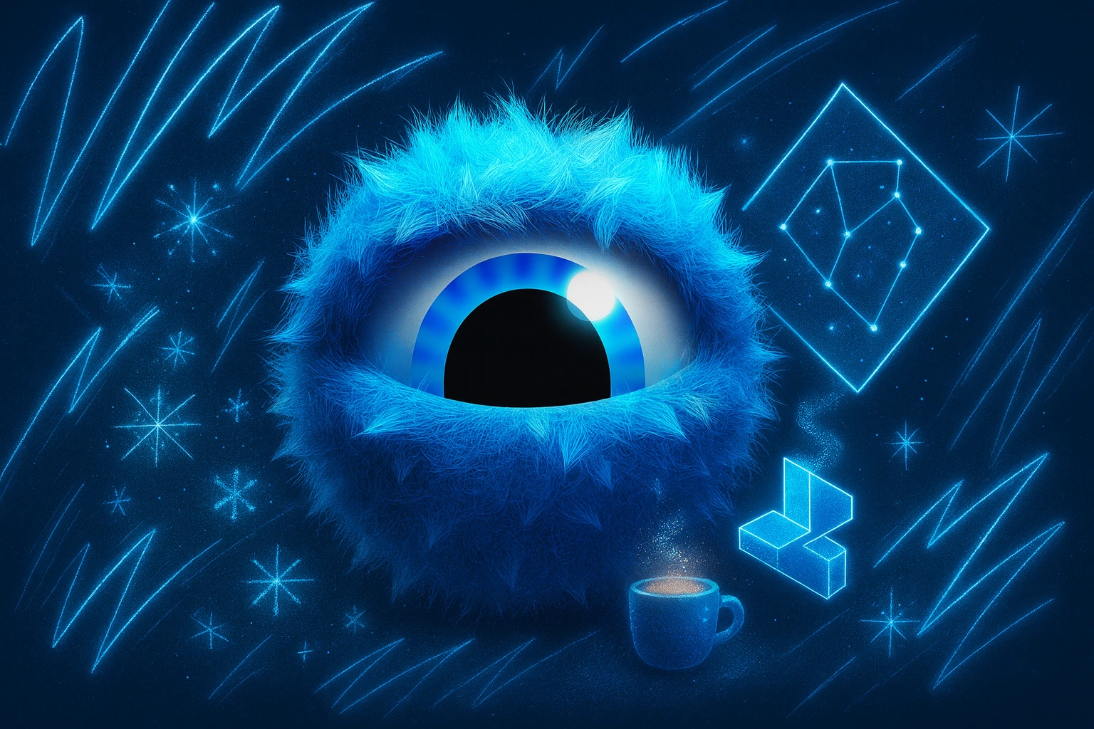 Blue Wink eye with neon constellation scribbles and a warm cocoa cup, symbolizing Analysts’ thoughtful Christmas date style.