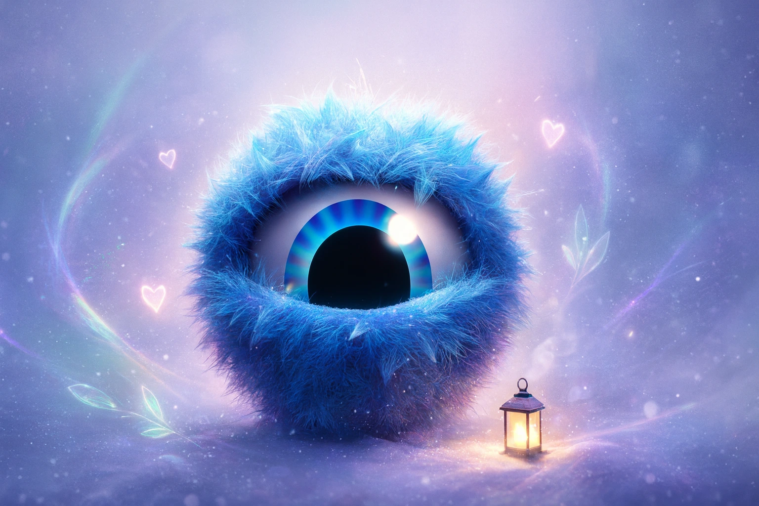 Blue Wink eye with pastel hearts and a glowing lantern, reflecting Diplomats’ romantic, emotionally open Christmas dating vibe.