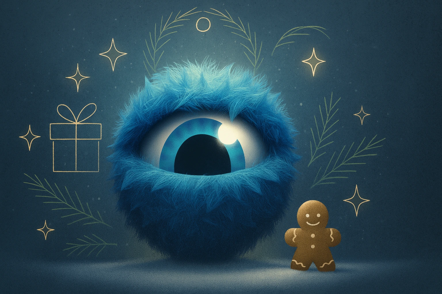 Blue Wink eye with golden gifts, evergreens, and a gingerbread figure, showing Sentinels’ traditional, cozy Christmas date energy.