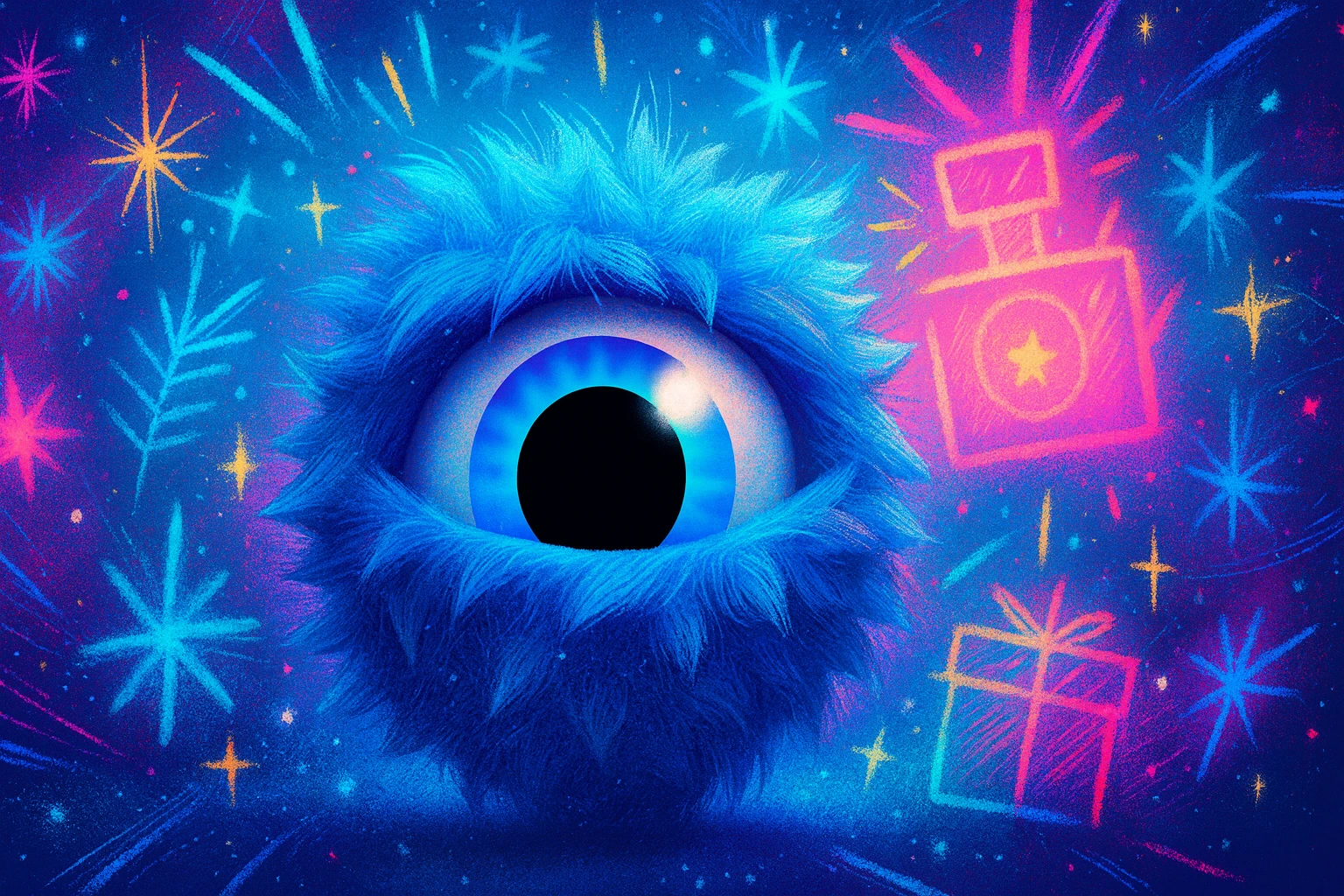 Blue Wink eye with bright neon fireworks and playful icons, capturing Explorers’ bold, adventurous Christmas dating spirit.