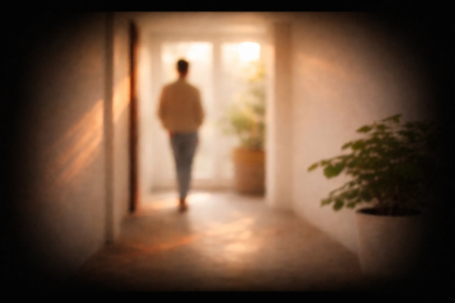 A blurred figure walking down a sunlit hallway, representing the pause and friction before making dating decisions.