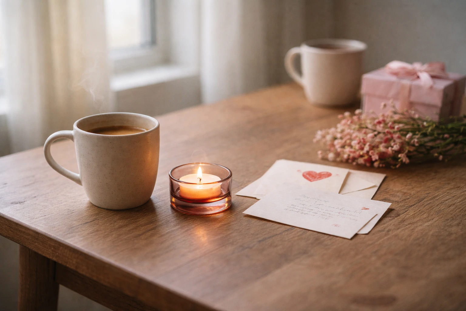 A calm Valentine’s Day table with a coffee cup, candle, handwritten card, and flowers in soft daylight