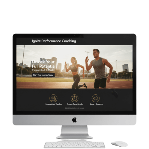 Computer screen displaying Ignite Performance Coaching website with two people running on a track and text about unlocking full potential.
