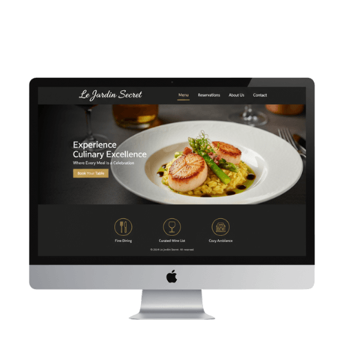 iMac screen displaying Le Jardin Secret restaurant website with a plated scallop dish, navigation menu, and dining highlights.