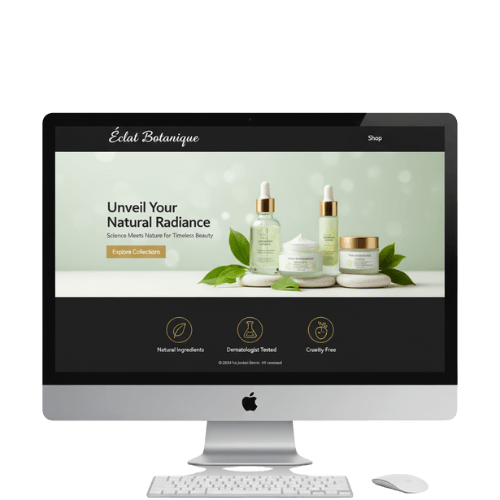 Computer display showing Éclat Botanique skincare website with natural ingredient products and features like dermatologist tested and cruelty free.