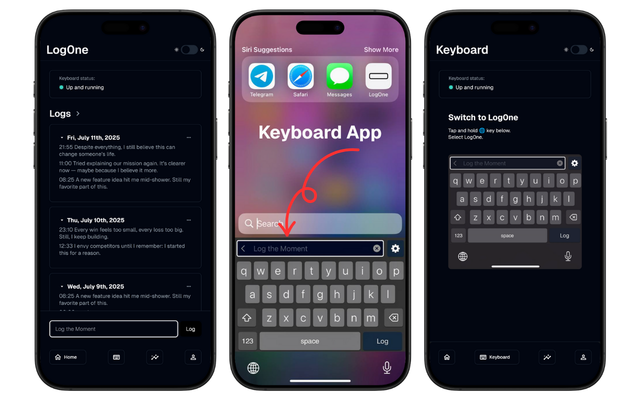 Log0ne App Demo—capture moments instantly with in-app journaling, note-taking, and logging from the iPhone keyboard.