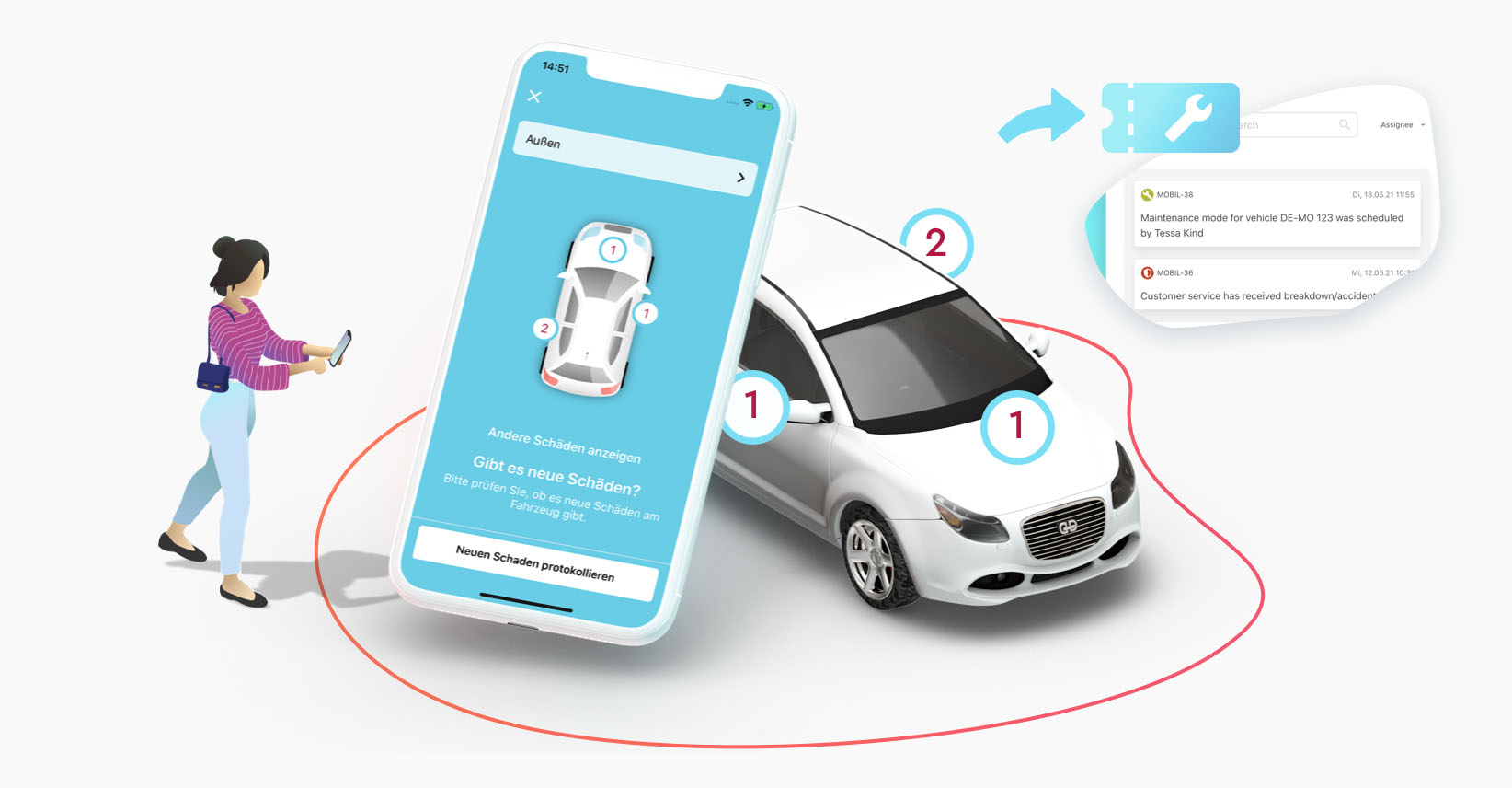 Reported damages on the real car and the digital overview