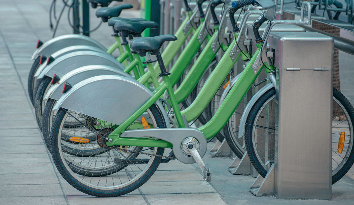 Bikes docked at a bike sharing station