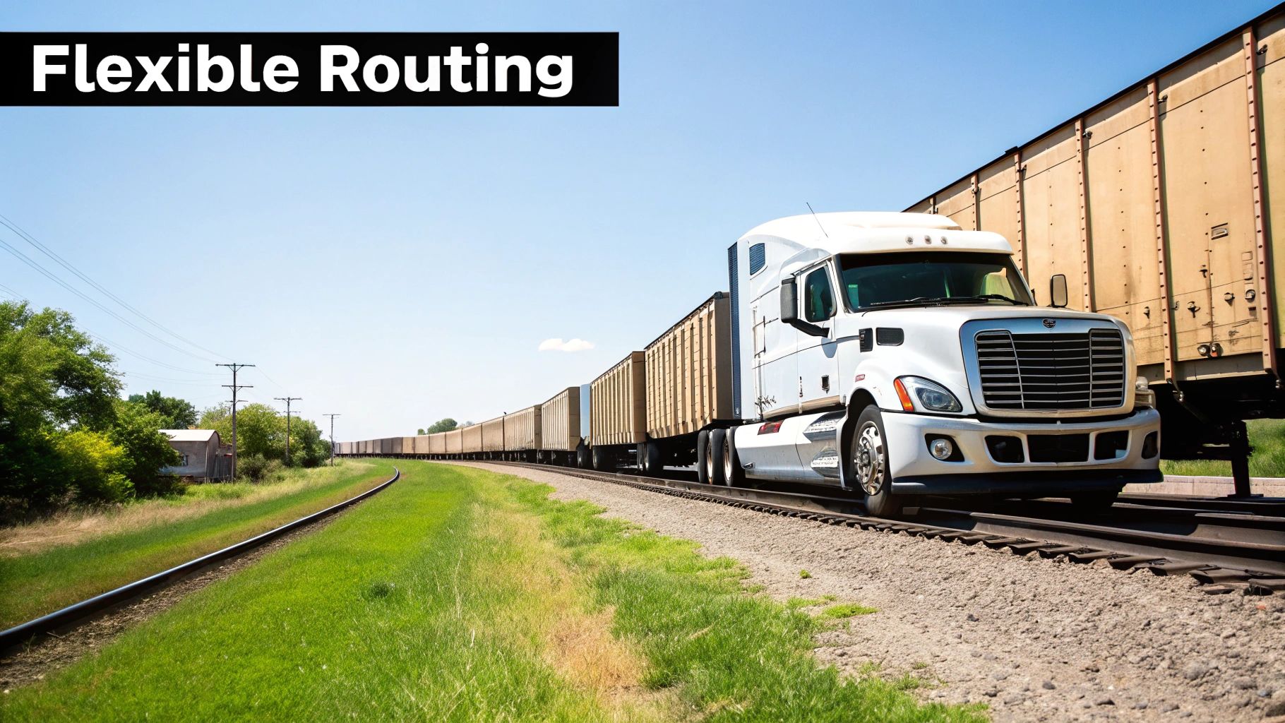 A map of North America showing interconnected rail and truck routes, symbolizing the extensive network reach of intermodal transportation.