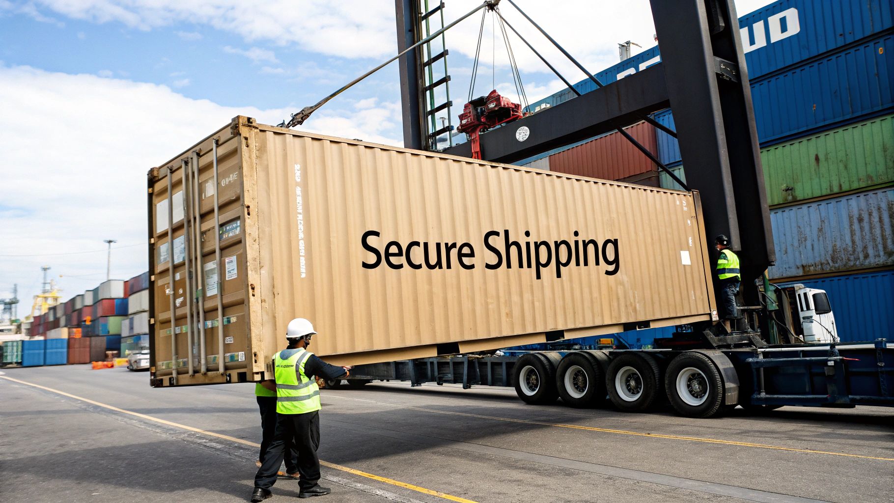 Illustration showing a secure intermodal container being loaded onto a train, symbolizing safety and security in logistics.