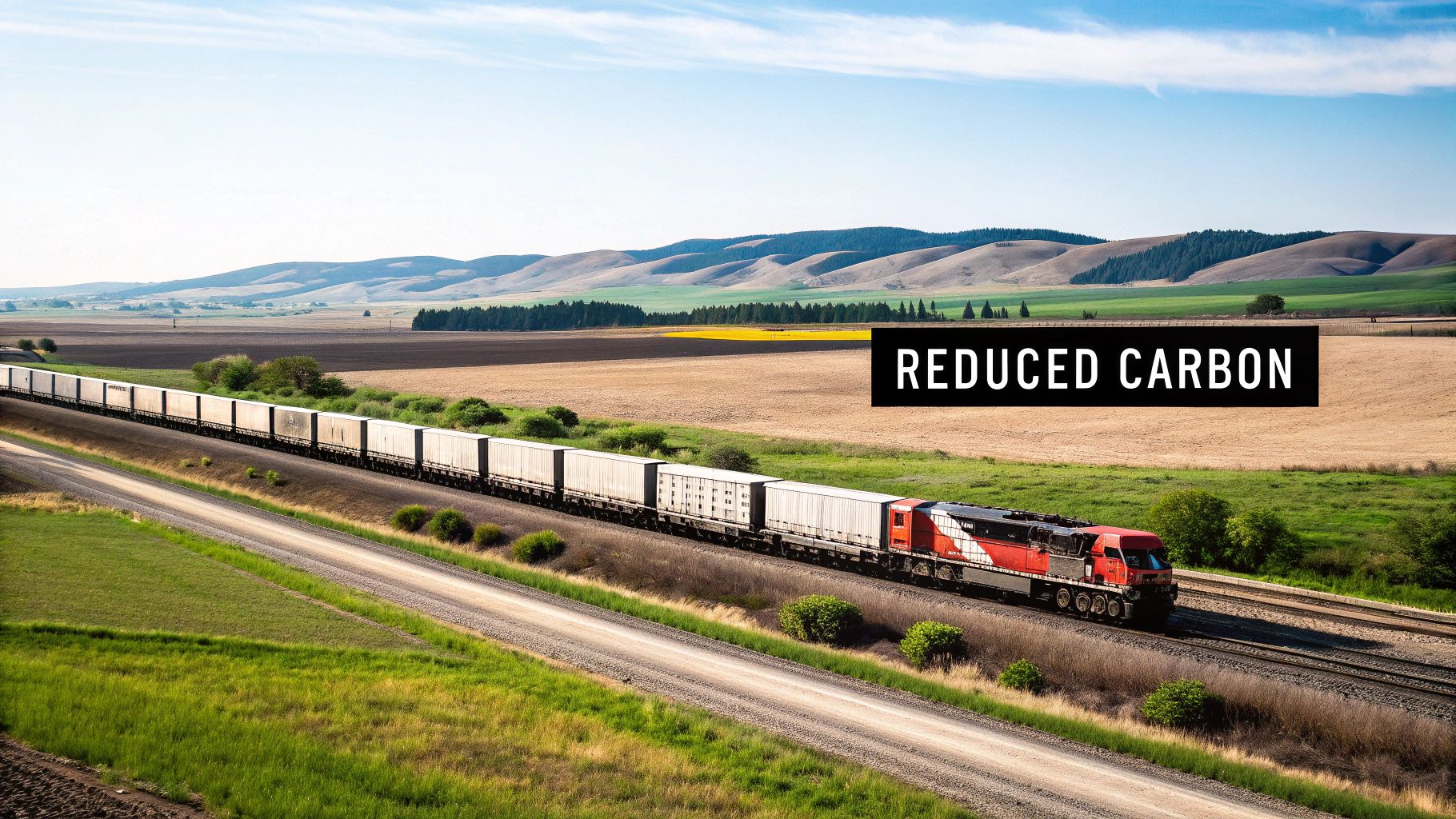 Infographic comparing the environmental impact of intermodal vs. truck-only transport, showing reduced emissions and fuel consumption.