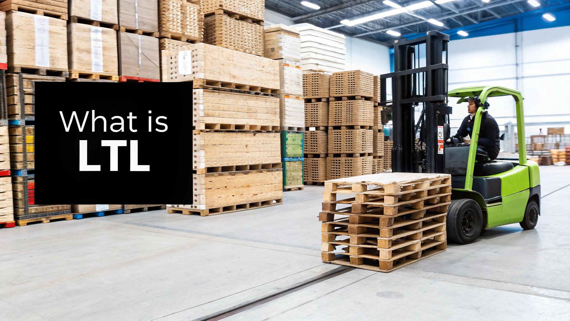 A warehouse worker moving pallets with a forklift, illustrating LTL freight being prepared for shipping.