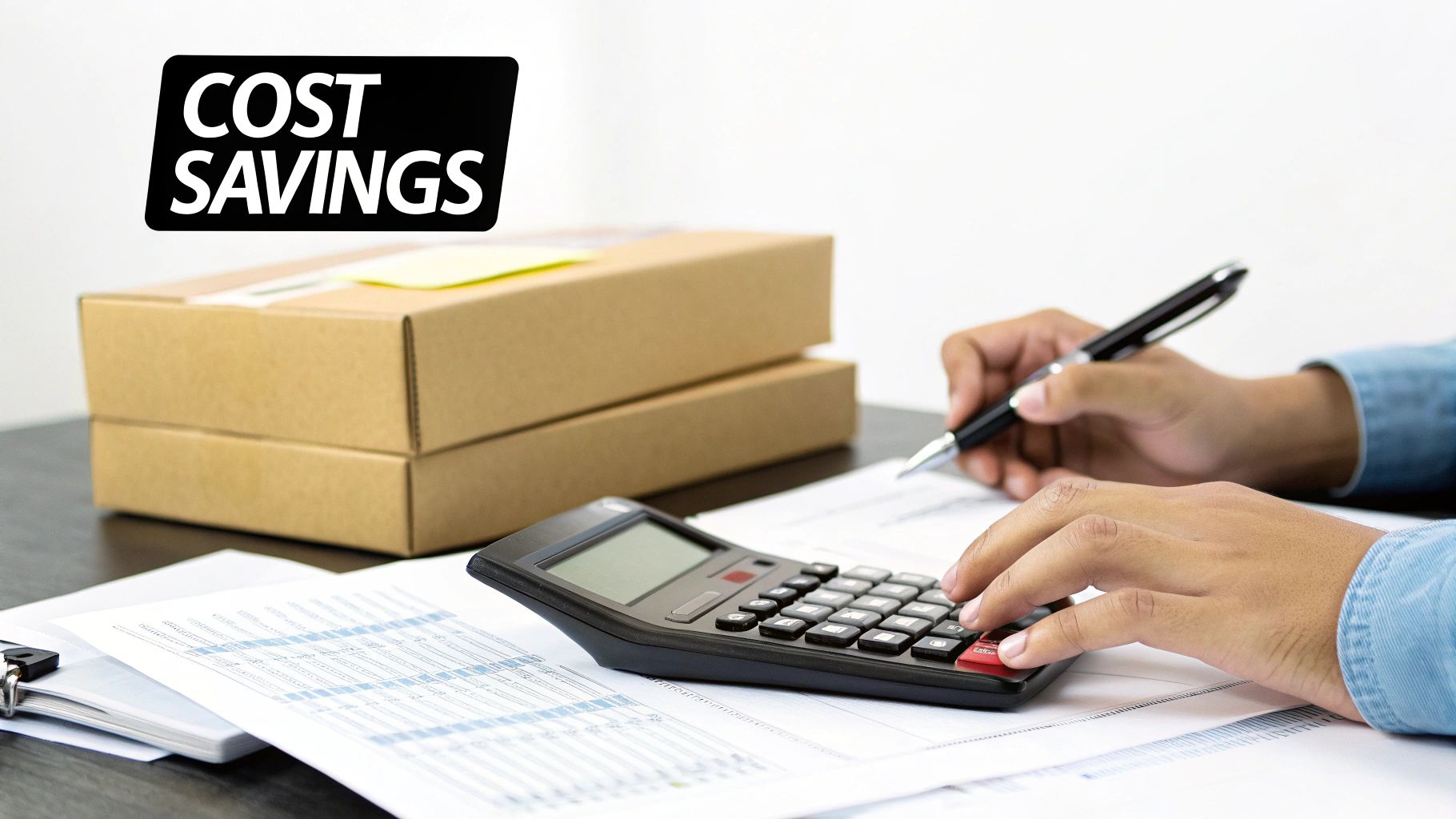 A logistics manager reviewing freight documents and calculations on a tablet in a busy warehouse setting.