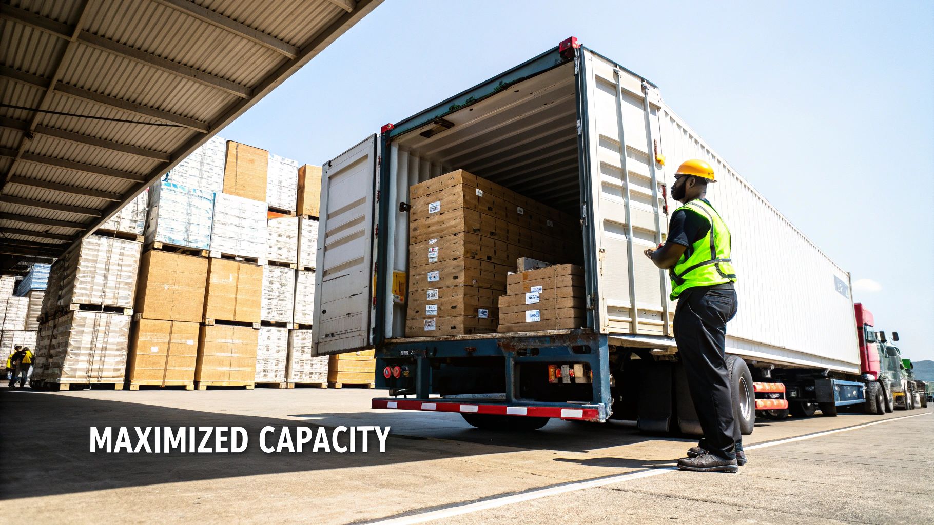 A semi-truck being loaded in a warehouse, symbolizing the security of full truckload shipping.