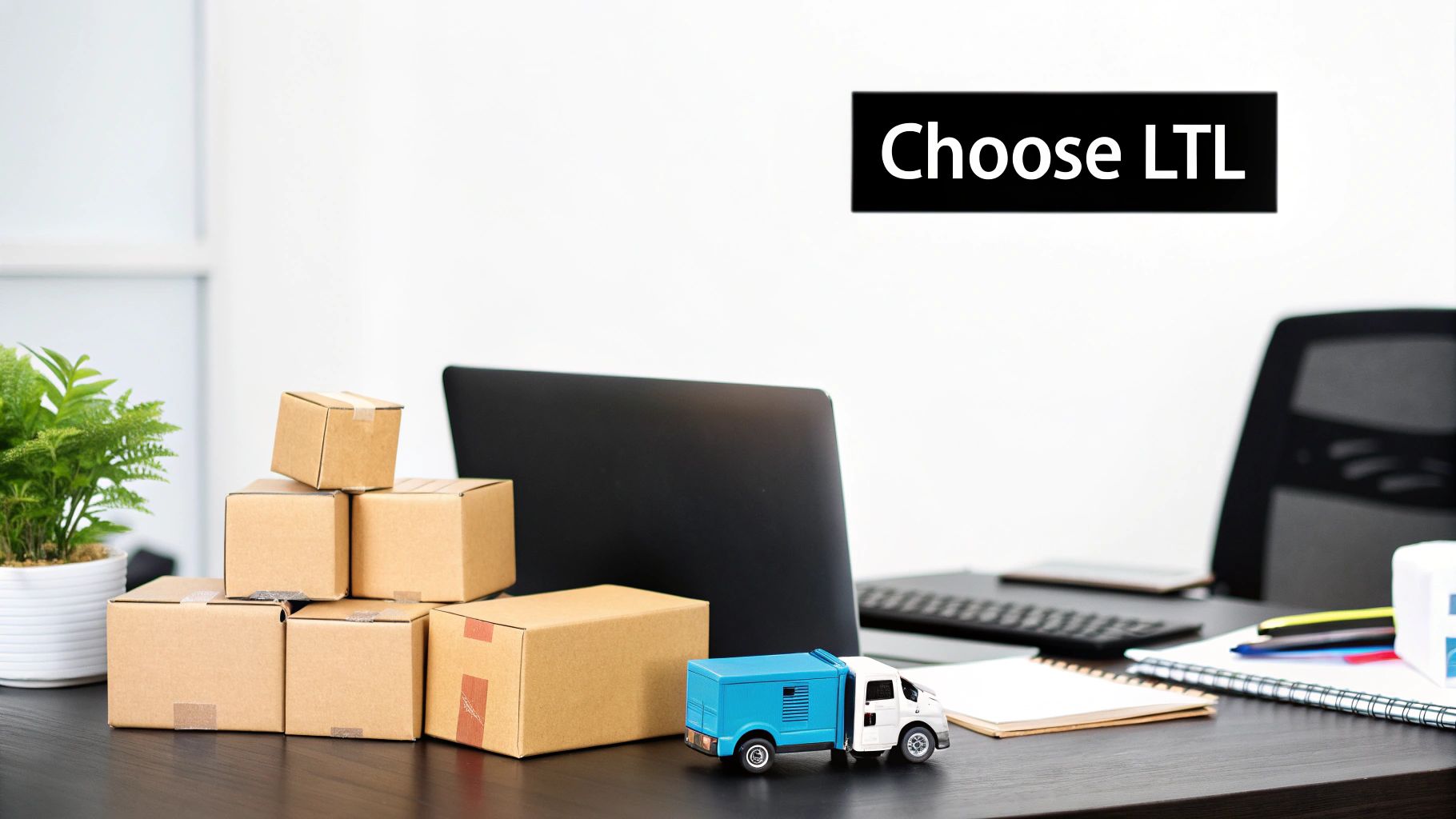 A logistics manager reviewing shipping options on a tablet in a warehouse.