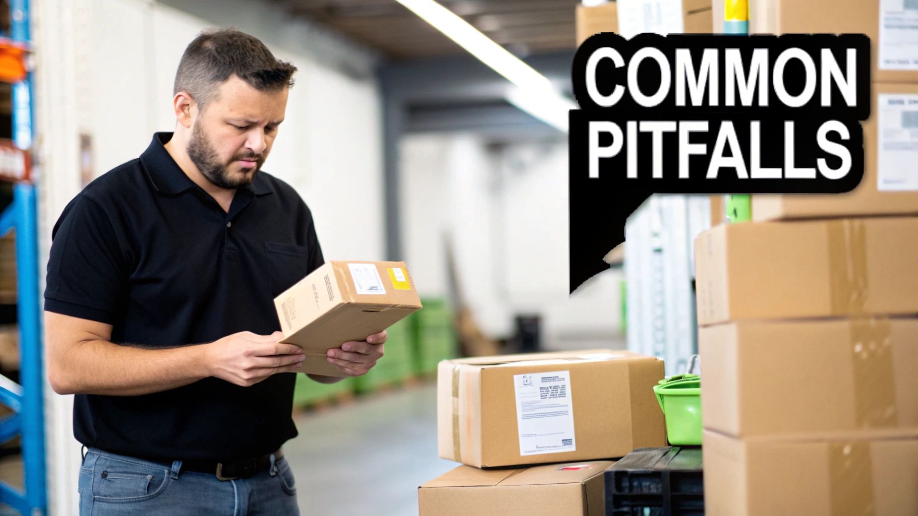Warehouse worker looking stressed while examining a shipping invoice next to a pallet.