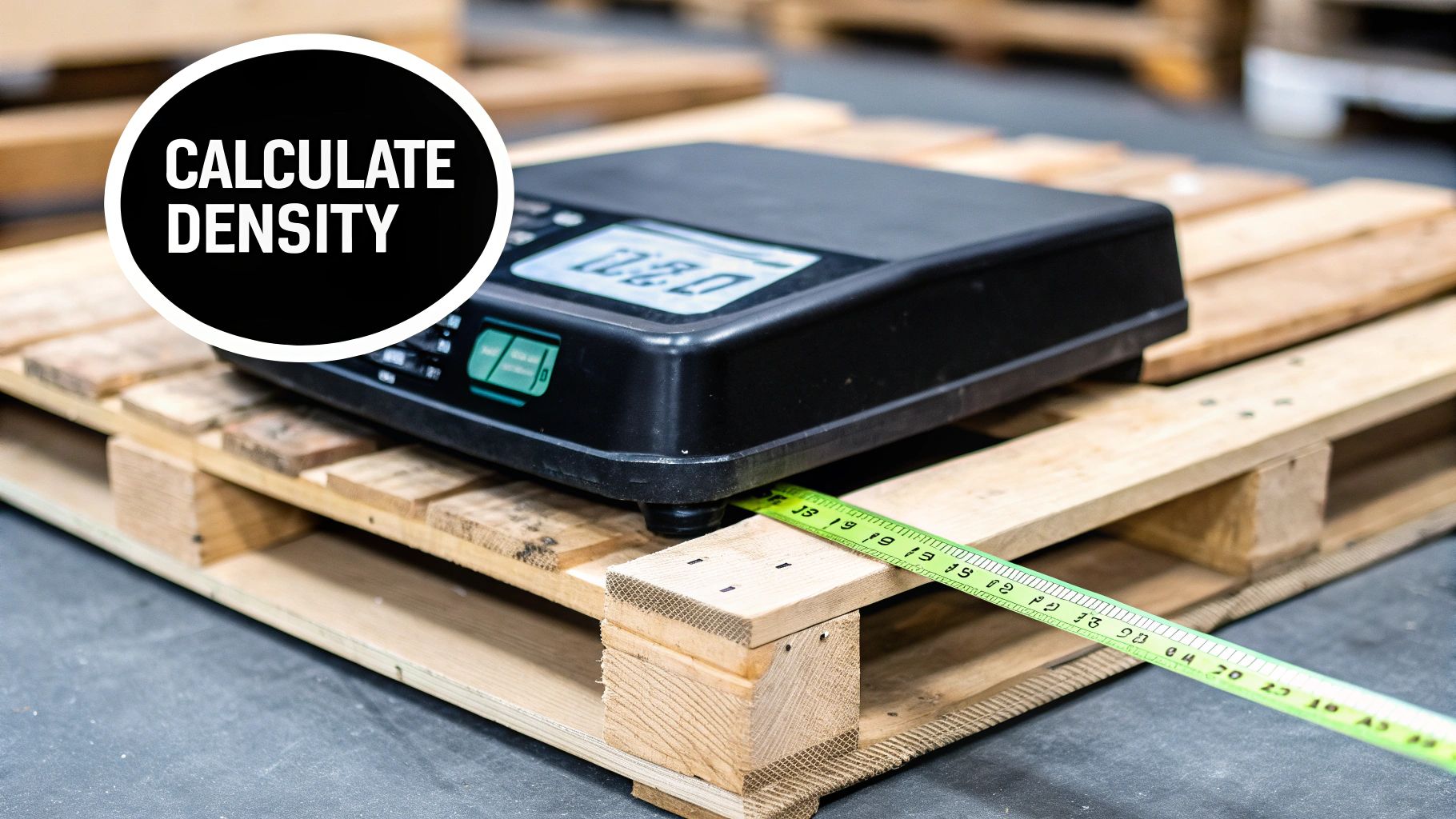 Woman measuring a pallet with a tape measure in a warehouse.