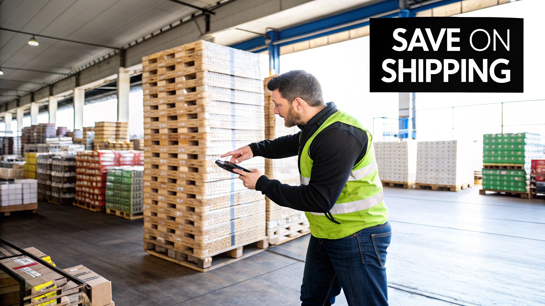 A warehouse worker checking a list on a clipboard next to a pallet of boxes.