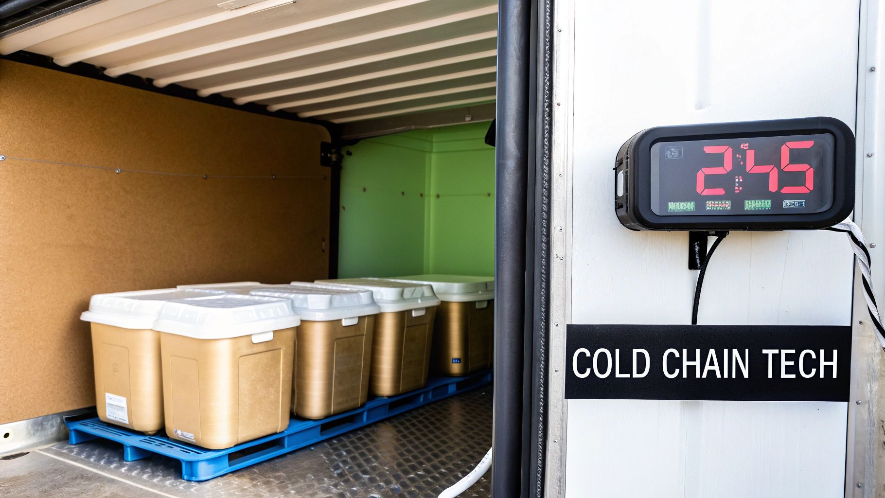 A digital display showing real-time temperature and location data for a refrigerated truck.