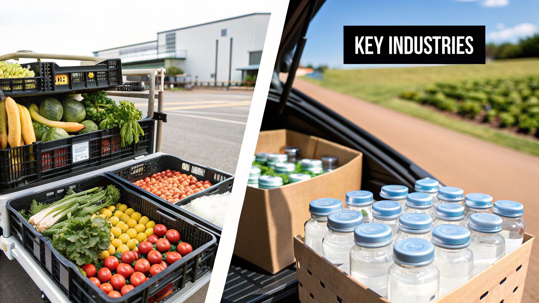 A variety of products from different industries that require temperature control, arranged in a visually appealing way.