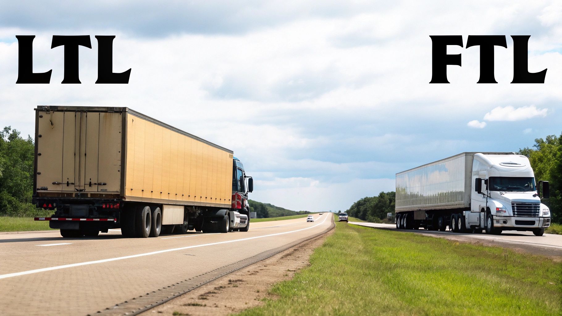 Two semi-trucks on a highway, one representing LTL and the other FTL shipping