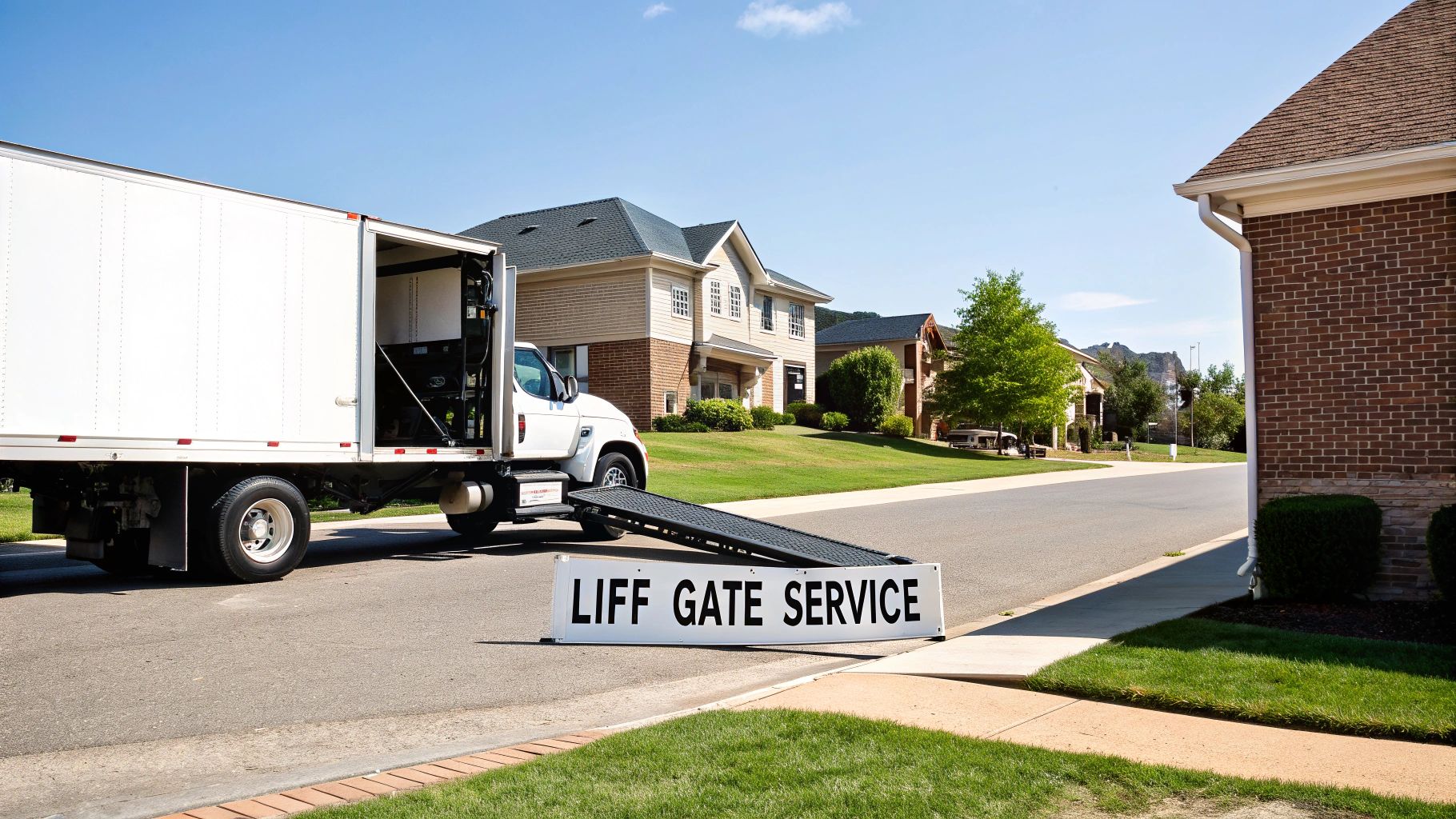 A freight truck using a lift gate to lower a pallet to the ground.